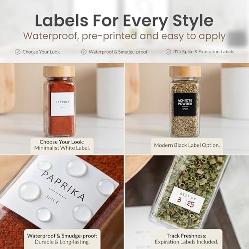 Glass Spice Jars with Label, 24PK Bamboo Jar Spices Set 4oz, 374 Spice Labels, Pepper Grinder, Empty Herb Seasoning Containers, Funnel and Shaker Lids