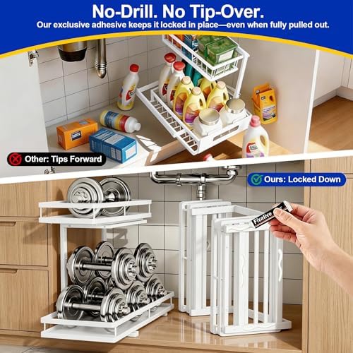 2-Tier Metal L-Shaped Pull-Out Under Sink Organizer, White, 2 Pack