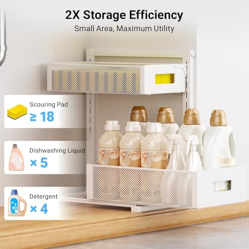 Pull-Out Under Kitchen Sink Organizer, Metal Functional Under Sink Organizer, Height Adjustable Under Bathroom Sink Organizer, Under Sink Storage for Kitchen Bathroom Cabinet (White)