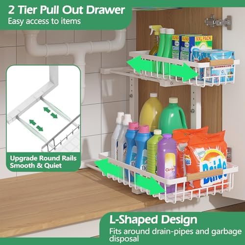 Under Sink Organizer 2 Packs, Pull Out Kitchen Sink Organizer, 2 Tier Slide Out Kitchen Organizers and Storage Bathroom Under Cabinet Storage Shelf, White