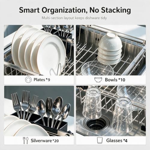 Expandable Dish Drying Rack Over & in Sink with 2 Utensil Holders