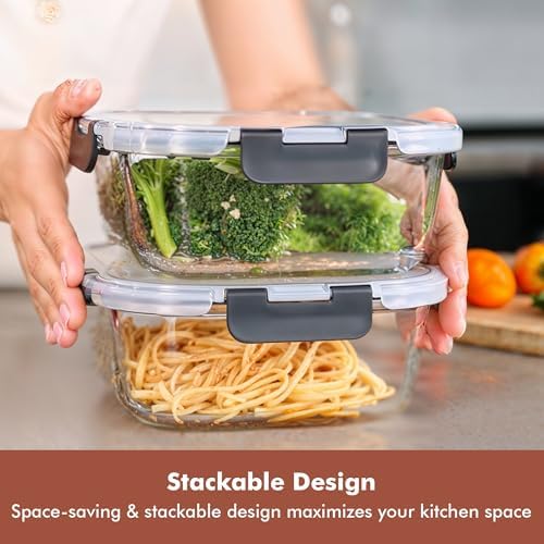 2 PC 1200ML / 41 Oz Glass Food Storage Containers with Lids - Airtight & Leakproof - Microwave/Oven/Freezer Safe - BPA Free - Ideal for Meal Prep, Storing Leftover & Lunch