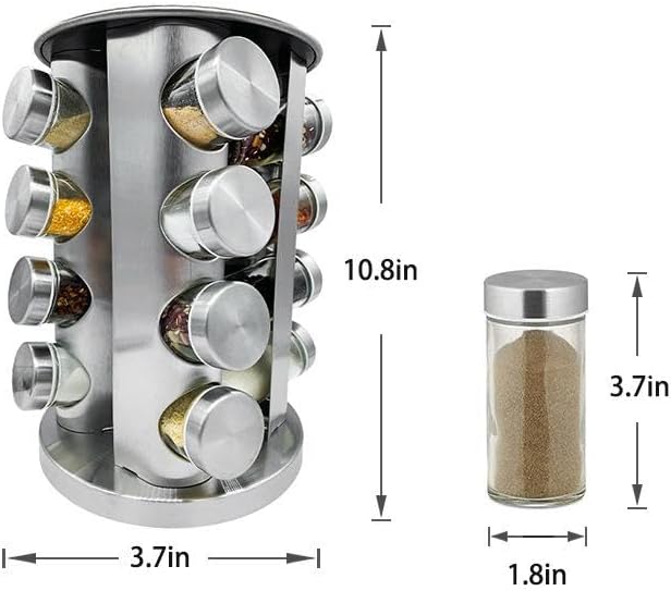 360° Rotating Spice Rack with 16 Glass Jars – Stainless Steel Countertop Seasoning Organizer with Airtight Lids, Labels, Funnel & Gift Box – Kitchen Storage for Herbs & Spices