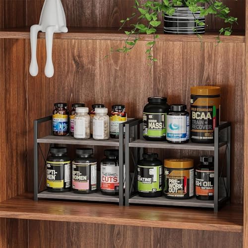 Countertop Shelf Organizer, 2 Tier Kitchen Spice Rack for Countertop, Wood Kitchen Counter Shelf for Home, Coffee Station Organizer (Grey,S)