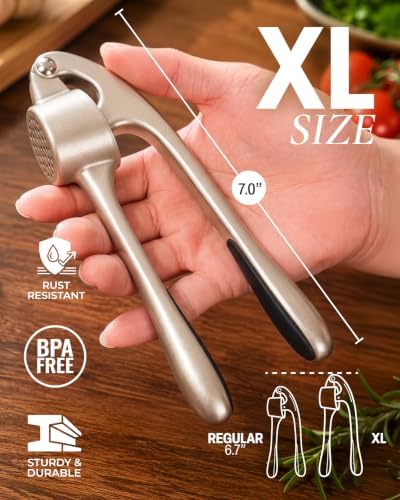 Metal Large Garlic Press, Garlic Mincer, Peeler-Brush, Silver