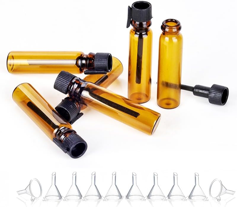 100 Dropper Bottles 2ML and10 Funnels Amber Glass Mini Small Empty Perfume Sample Bottles with Black Caps for Aromatherapy, Perfume Samples, Travel Size Liquid Storage - Image 2