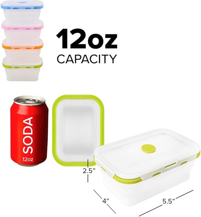 ECOBERI Collapsible Food Storage Containers, Silicone Small 4 Piece 12 oz Set, BPA-Free Food Storage with Airtight Lids, Space-Saving Lunch Containers, Freezer and Dishwasher Safe