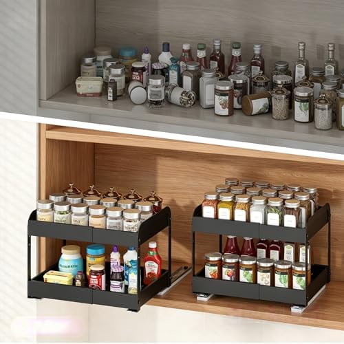 Expandable Pull Out Drawers For Shallow Cabinets, 2-Tier Slide Out No Drill Adhesive Kitchen Cabinet Organzier, Adjustable Roll Out Sliding Shelf For Short Upper Cabinet Pantry