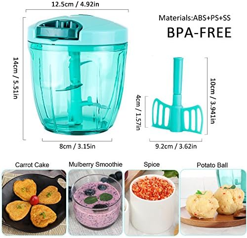 Manual Food Processor Vegetable Chopper, Portable Hand Pull String Garlic Mincer Onion Cutter for Veggies, Ginger, Fruits, Nuts, Herbs, etc., 900ml, Blue