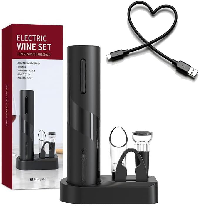 5 in 1 Automatic Electric Wine Bottle Opener,Rechargable Cordless Corkscrew, 50+ Uses Per Charge, Includes Foil Cutter & Wine Stopper,Perfect for Home Bar, Gifts (CE/FCC/RoHS Certified)(black)