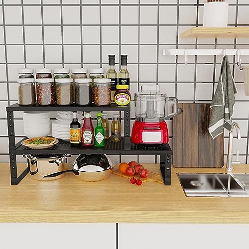 Expandable Adjustable Stackable Kitchen Organizer, Spice Rack,Metal Pantry Storage Shelves Racks,Counter Shelf for Cabinets, Countertop, Cupboard (2 Packs/Large/Black)