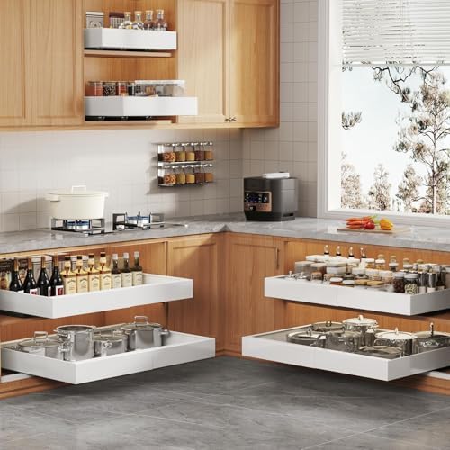2 Pack Pull Out Cabinet Organizer for Wide Cabinets,Expandable 15.1"-26.3" Width,21" Deep Slide Out Drawers With Raising Pad for Framed Cabinets,3 Slide Rails,No Drill Roll Out Shelves,White
