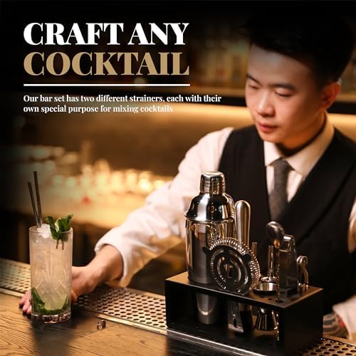 Mixology Bartender Kit with Stand - 15 Piece Bar Tool Set, Silver Bar Set Cocktail Shaker Set for Drink Mixing - Includes Martini Shaker, Jigger, Strainer, Bar Mixer Spoon, Tongs, Opener | Gift Idea