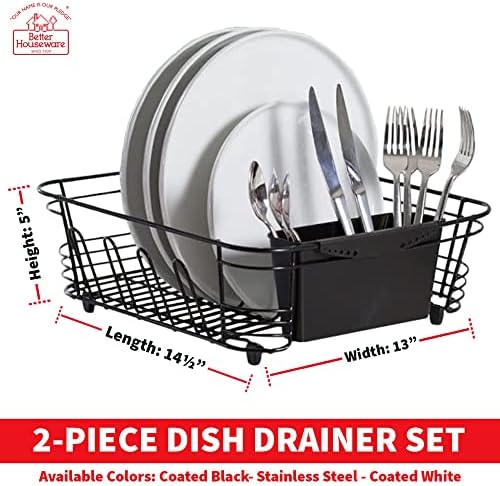 In-Sink Dish Drying Rack, Coated Steel, Black, 14.5 x 13 x 5 Inch, 2-Piece Set with Removable Utensil Caddy and Non-Slip Handles
