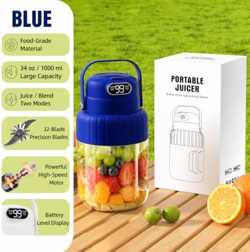 Portable Blender for Smoothies juicer, 33.8 oz Personal Blender with Ice-Crushing, 32-Blade Steel Head, Digital Display, Type-C Charging, Leak-Proof for Outdoor, Camping, Fitness (Blue) - Image 6