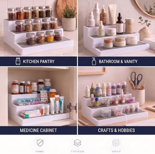 Plastic 3-Tier Expandable Spice Rack, Adjustable Length, Stability with Non-Skid Shelf, For Easy Visibility, Organizer for Kitchen Cabinet, Pantry or Countertop, (2-Pack), White/Grey