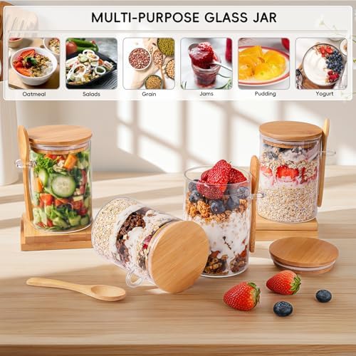 Overnight Oats Containers with Lids,16oz Overnight Oats Jars 4 Pack, Oatmeal Cups,Meal Prep Containers,Glass Meal Prep Containers with Lids,China Pudding Jars