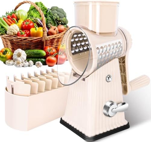 Rotary Cheese Grater with 5 Well-designed Blades & Strong Suction Base, Kitchen Mandoline Vegetable Slicer with Blade Storage Box(Off-white)