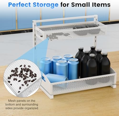 Metal Under Sink Organizer, Pull Out Cabinet Organizer Rack with Silk-Smooth Bottom Drawer, 5-Level Adjustable, Multi-Purpose Storage Shelf for Bathroom, Kitchen, Vanity, Pantry (2-Pack)