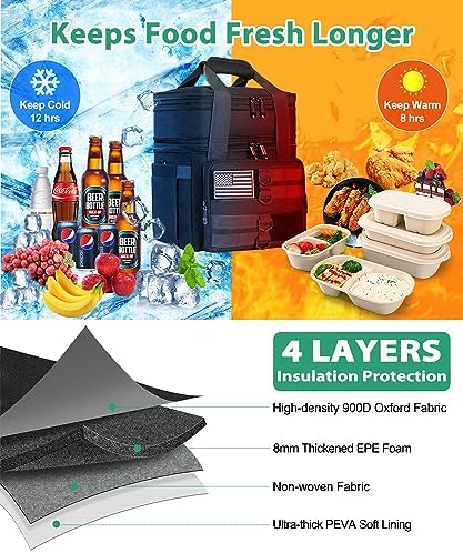 Tactical Lunch Box for Men, Large Insulated Lunch Bag for Adult, Heavy Duty Double Deck Expandable Lunch Cooler Bag with American Flag, Leakproof Soft Lunch Pail for Work Office Camping - Black