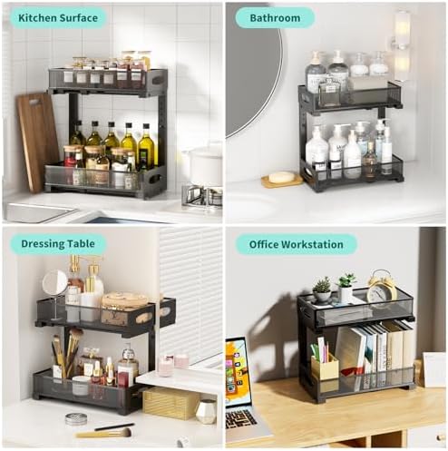 Under Sink Organizer, 2-Pack of 2-Tier Metal Slide Out Pull Out Cabinet Organizer Shelf, Height Adjustable Organization and Storage Series, Bathroom/Desktop/Cabinet/Kitchen Organization, Black