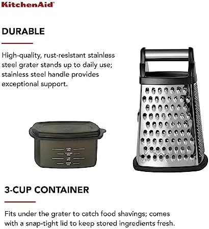 KitchenAid Gourmet Box Grater with Detachable Measuring Container and Lid, Stainless Steel Coarse Medium Fine Grater and Slicer, Dishwasher Safe, Black