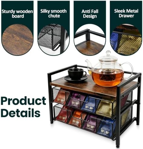 Double Drawer Tea Bag Organizer, 16-Compartment Wooden Tea Box