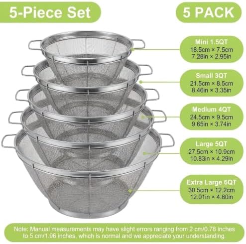 5 Pack Stainless Steel Colander Sieves, Mesh Strainer, 5 Sizes