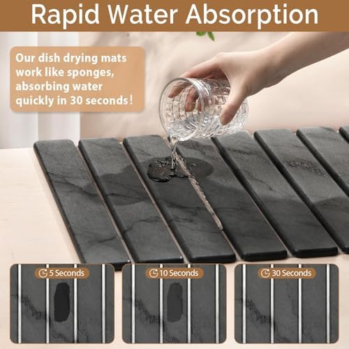 Large Stone Dish Drying Mat for Kitchen Counter, Quick Dry Stone Dish/Bath Mat, Foldable Water Absorbing Diatomaceous Earth Mat, Kitchen Bathroom Organizer Decor Gifts for Women (Dark Gray 24"×16")