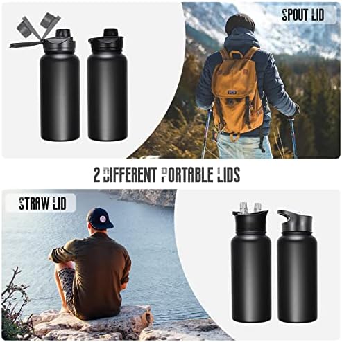 32 oz Insulated Water Bottle Bulk 8 Pack, Stainless Steel Sports Water Bottles with Straw Lid & Wide Mouth Lids, Double Walled Vacuum, Leak Proof, Black