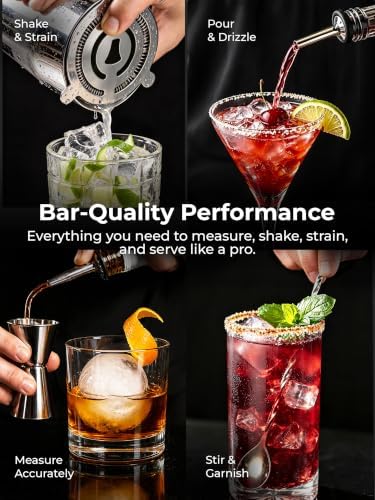 24 Piece Bartender Kit-Stainless Steel Bar Accessories with Display-Modern Mixology Shaker Set for At-Home Cocktails-Use for Mixer, Martini, Margarita and Liquer-Bar Tools (Silver)