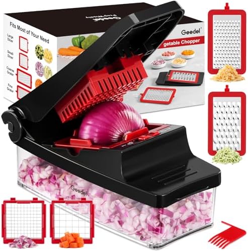 Geedel Vegetable Chopper, Onion Chopper Pro Food Chopper, Kitchen Vegetable Slicer Dicer Cutter Grater, Veggie Chopper with container for Salad Onion Potato Carrot (4 in 1, Red) by Geedel