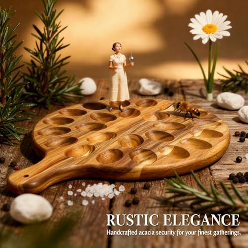 2 Pcs Quality Acacia Wood Egg Holders with Slicers, Sturdy 24 Holes Wooden Deviled Egg Platter with Handle for Refrigerator, Kitchen Counter, Gatherings, Camping & Picnic