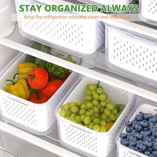 5 PCS Fruit Storage Containers for Fridge, Leakproof Food Storage Containers with Removable Colander, Dishwasher & Microwave Safe, Produce Saver Container Keep Berry Fruit Vegetable Fresh Longer