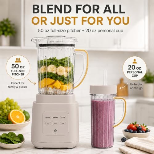 Power Exact Countertop Blender System, 700W Motor, 50oz Tritan Jar, 20oz To-Go Cup, 4 Presets, 3 Speeds PrecisionSense Technology (Porcini Taupe) - Image 3