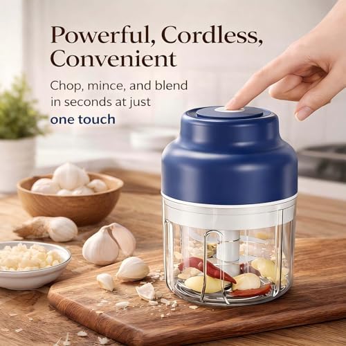 Electric Garlic Chopper Mini, Cordless Mini Food Chopper With 6 Blades, 320ml Small Garlic Grinder For Onion Chili Ginger, Rechargeable Kitchen Gadget (2, Blue) - Image 2
