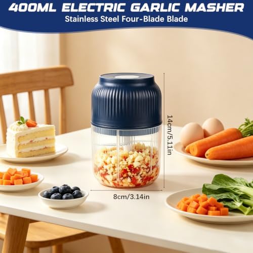 Electric Garlic Chopper, Mini Portable Veggie Chopper Garlic Grinder Masher Onion Chopper, Rechargeable Cordless Food Processor & Food Chopper for Garlic Onion Ginger Chili Vegetables, 400ml (Blue) - Image 5
