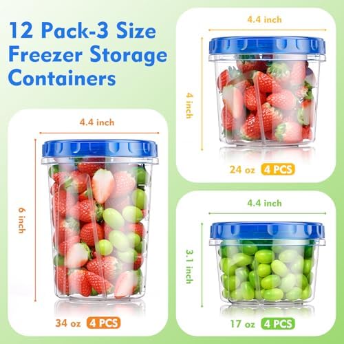 [12 Pack-34/24/17oz Freezer Storage Containers with 3 Different Sizes, Plastic Soup Containers with Lids, BPA-Free Food Storage Containers with Twist Top Lids, Reusable Meal Prep Containers