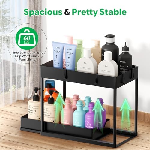 2 Pack 2-Tier Under Sink Organizers with Sliding Drawer, Black