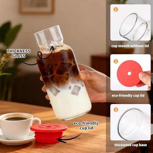 2 Pack 24oz Glass Cups with Lids and Straws, Large Iced Coffee Cups with Silicone Lids, Clear Glass Tumblers with Glass Straws for Coffee, Tea, Smoothies and Cold Drinks