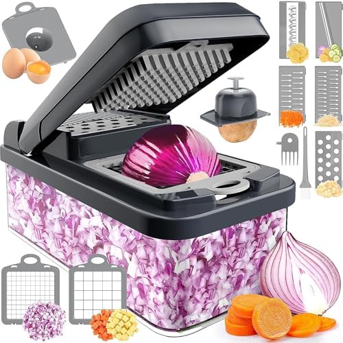 12-in-1 Vegetable Chopper, 7 Blade Multifunctional Food Chopper with Container, Chopper Veggie Cutter for Salad Potato Carrot Garlic, Home Kitchen Essential (Black, 12 in 1) by BSFRNF