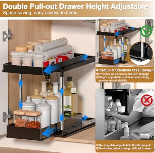 Expandable Under Sink Organizer: 2 Tier Height Adjustable