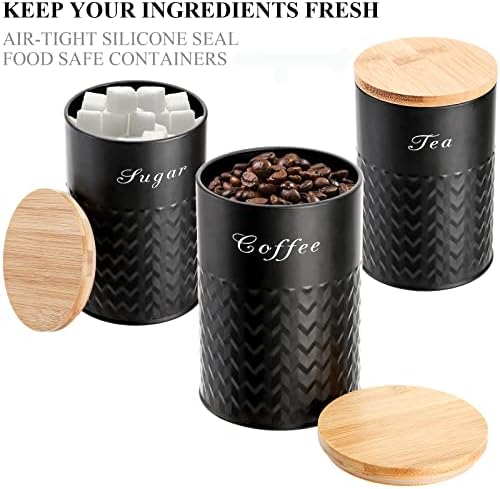 3 Pack Kitchen Canisters with Bamboo Lids, Airtight Metal Canister Set, Food Storage Containers Jars for Coffee, Sugar, Tea, Flour, Rustic Kitchen Decor Containers, Black