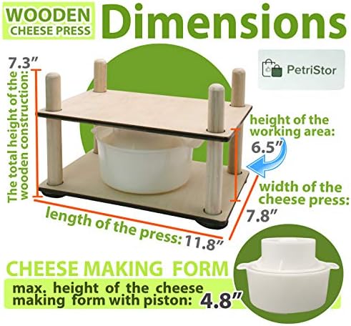 Wooden Cheese Press for Cheese Making Supplies 12 in Wooden Guides and Cheese Mold with Follower Piston 1.3 Qt - Small Home Supply Ultimate Cheese Press Machine - Prensa Para Queso Casero