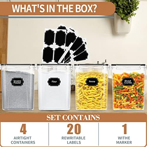 Large Airtight Food Storage Containers 5.2L / 195oz, 4pcs Pantry Kitchen Organizers and Storage for Flour, Sugar, Baking Supplies, BPA Free, Plastic Flour Containers with 20 Labels & Maker