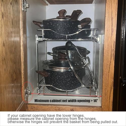 2 Tier Pull Out Cabinet Organizer (14" W X 18" D), Double Tier Wire Basket Slide Out Shelf Storage for Kitchen Base Cabinet Organization ​for Kitchen, Pantry, Bathroom, Chrome