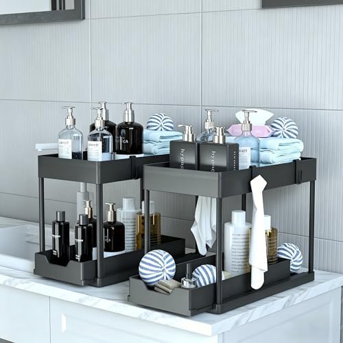 Under Sink Organizer 2 Pack, Bathroom Cabinet Organizer, 2 Tier Sliding Cabinet Basket Organizer Drawer, Multi-Purpose Bath Collection Baskets for Bathroom (Black)