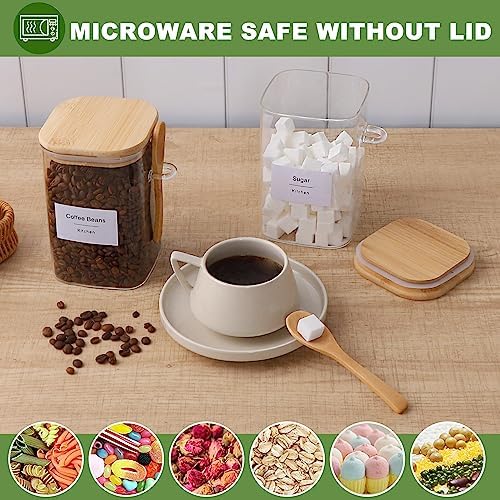 Flour and Sugar Containers - 34 oz Glass Jar with Bamboo Lid and Spoon, Sugar Holder and Canister for Countertop, Glass Containers for Coffee Beans, Tea, Flour, Nuts, Candy and Cookie (Set of 2)