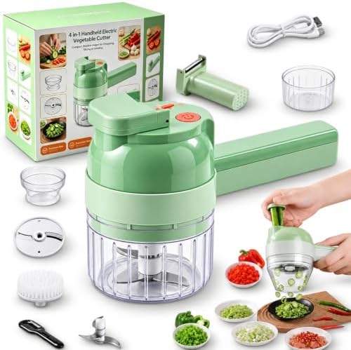 Multi Blade Chopper, 4 in 1 Handheld Electric Vegetable Cutter, Hand Held Chopper, Chopping Slicing Grating Whipping, Food Grade with Cleaning Brush for Garlic Onion Vegetables，1PC by Unknown