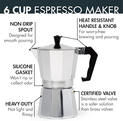 Classic Stovetop Espresso and Coffee Maker, Moka Pot for Italian and Cuban Café Brewing, Greca Coffee Maker, Cafeteras, 6 Espresso Cups, Silver